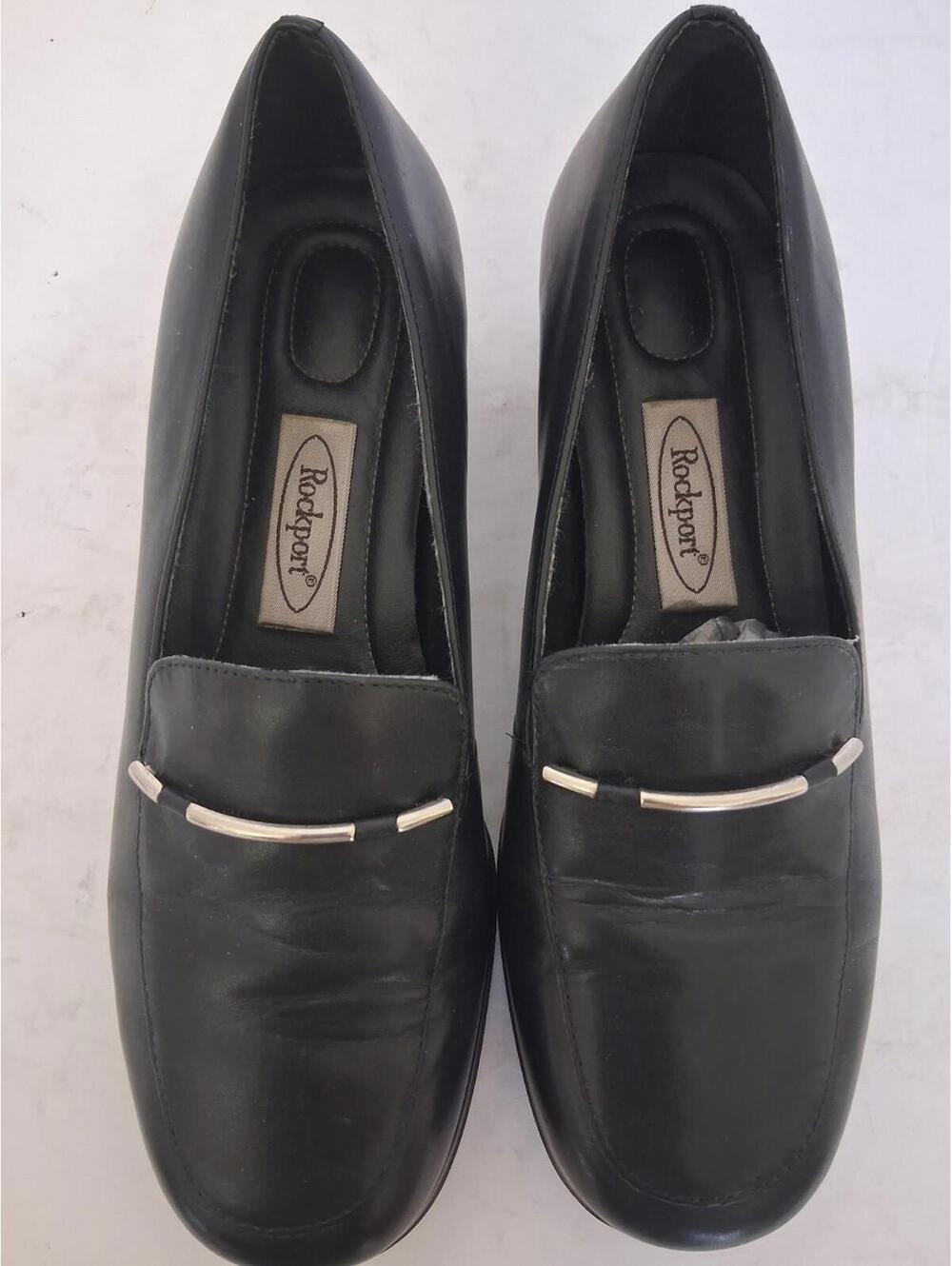 Vintage Rockport Women's Black Leather Loafer W/ Silver-Toned Bar Casual 7.5W